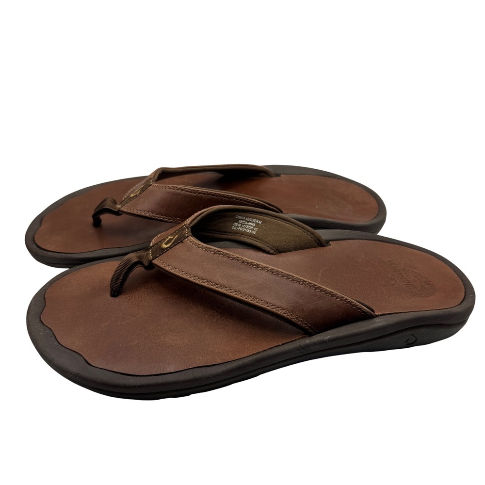 OluKai Ohana Leather Men's Flip Flops Dark Wood Brown Sandals 10124-4848 Size 12